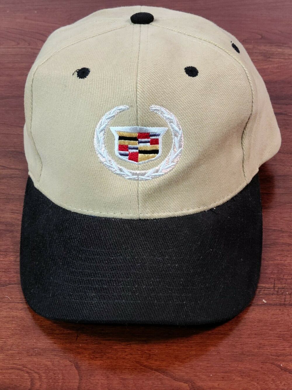 Cadillac Strapback Hat Tan Cap With Black Bill Hook/Loop Adjustable Closure
